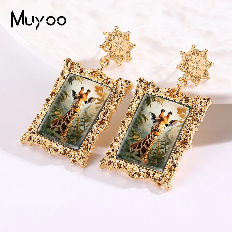 2024 New Arrival Fashion Funny Giraffe Handcraft Antique Golden Mandala Rectangle Dangle Earrings