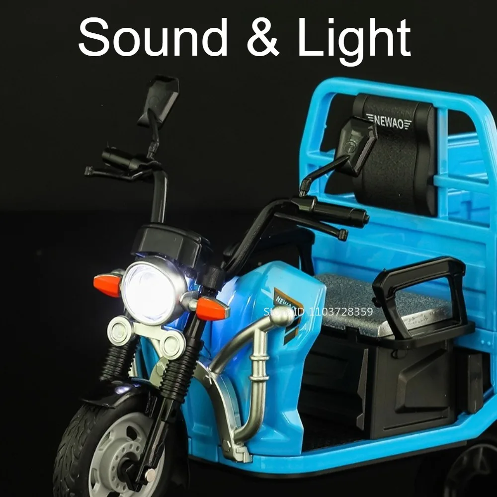 1:12 Scale Tricycle Toy Models Alloy Diecast Sound Light Pull Back Front Wheel Steering Simulation Model Vehicles for Boys Gifts