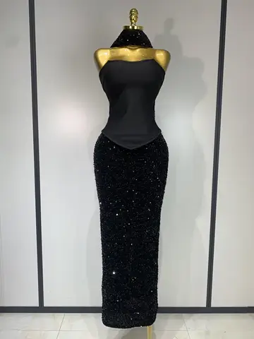Women Sexy Strapless Sequin Black Maxi Long Bandage Three Piece Set 2025 Knitted Elegant Evening Club Party Birthday Prom Gowns