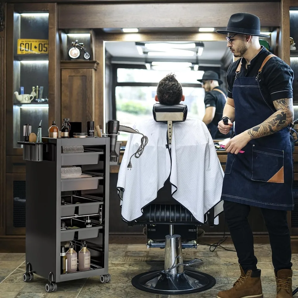 Carrito de salón para estilista de pelo, 4 cajones, 2 cestas de almacenamiento, secador de pelo y soporte para herramientas