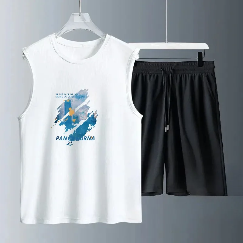 

Men tank tops shirt summer sport Loose Cotton Bodybuilding Printed Sleeveless Tshirt doodle hello print sleeveless Men sets