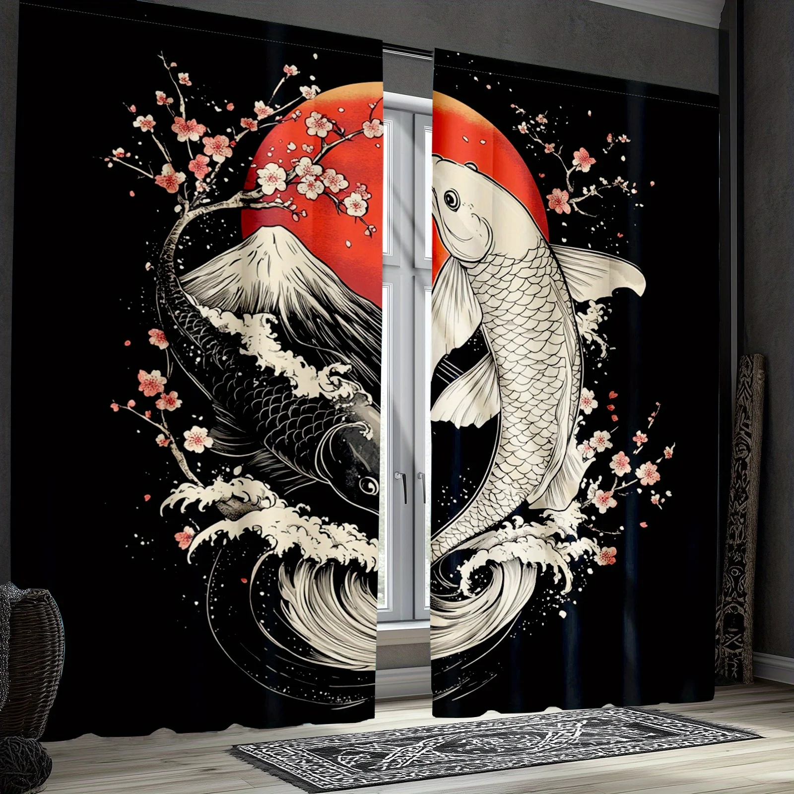 2pcs Great Wave Japanese Curtains, Yin Yang and Cherry Blossom Anime Style Drapes for Bedroom