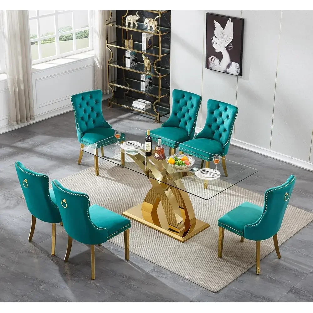 

Promotion PriceSpecial Offer7 Piece Glass Dining Table Set, Gold Kitchen Table With StainlSteel Base & 6pcs Green Velvet Tuted C