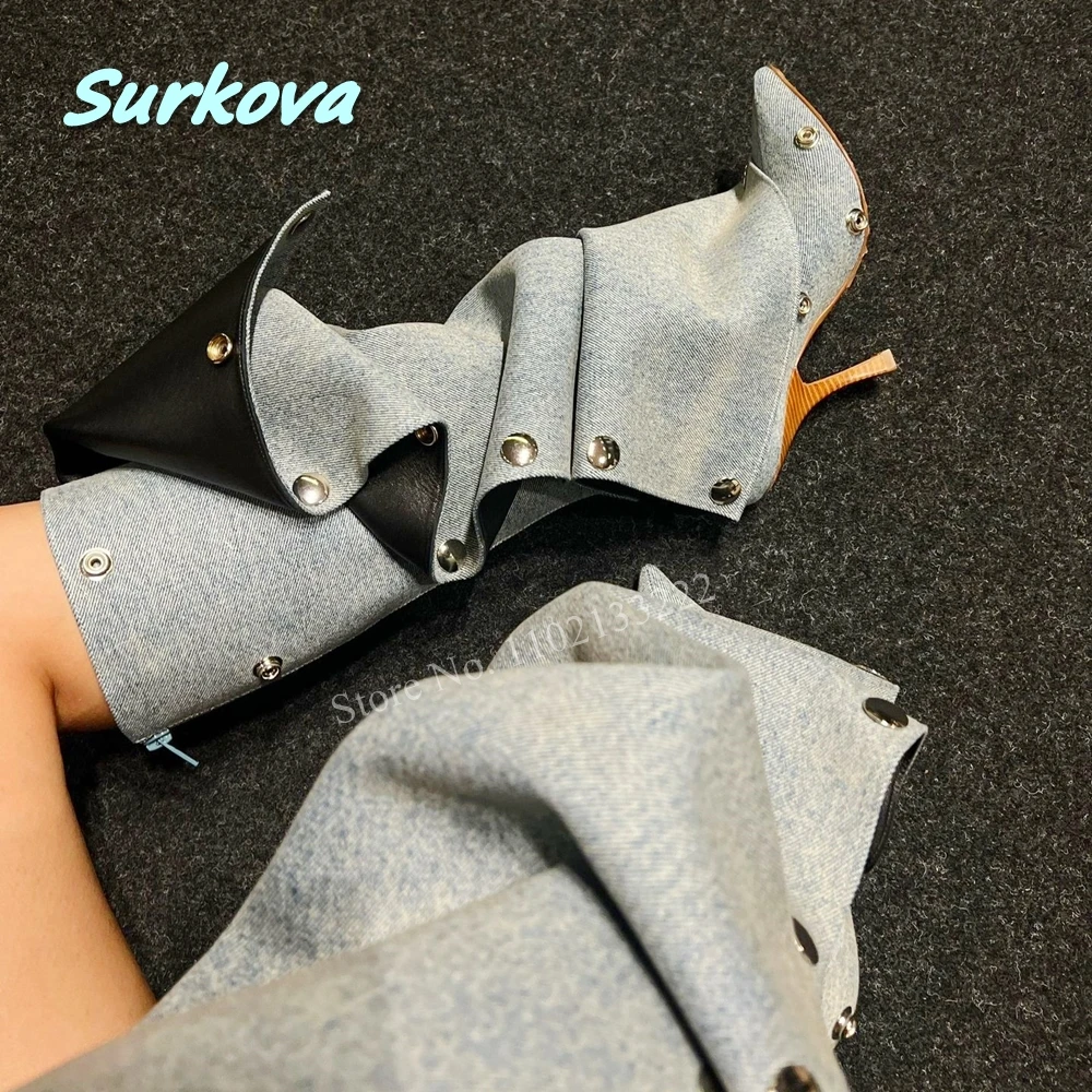 

2024 New Denim Studded Knee Boots Stilettos Thin High Heel Pointed Toe Quality Women's Free Shipping Shoes Autumn Winter