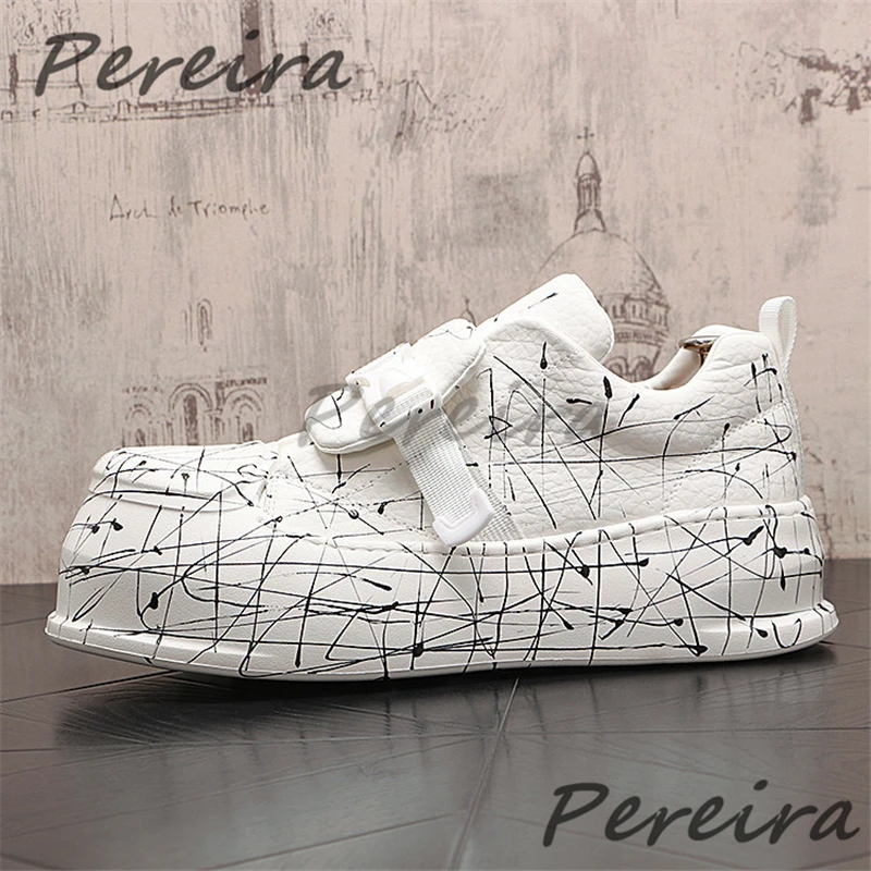 

Trendy Graffiti Thick Soled Skateboard Shoes Black White Round Toe Height Increasing Buckle Sports Shoes Men's Casual Shoes