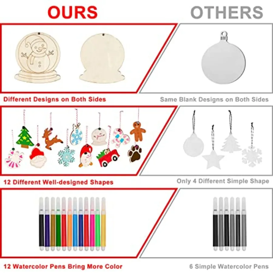 60개 나무 크리스마스 장식품 12가지 스타일 미완성 나무 조각 장식품 DIY 크리스마스 장식 세트 벨 포함 컬러 마커