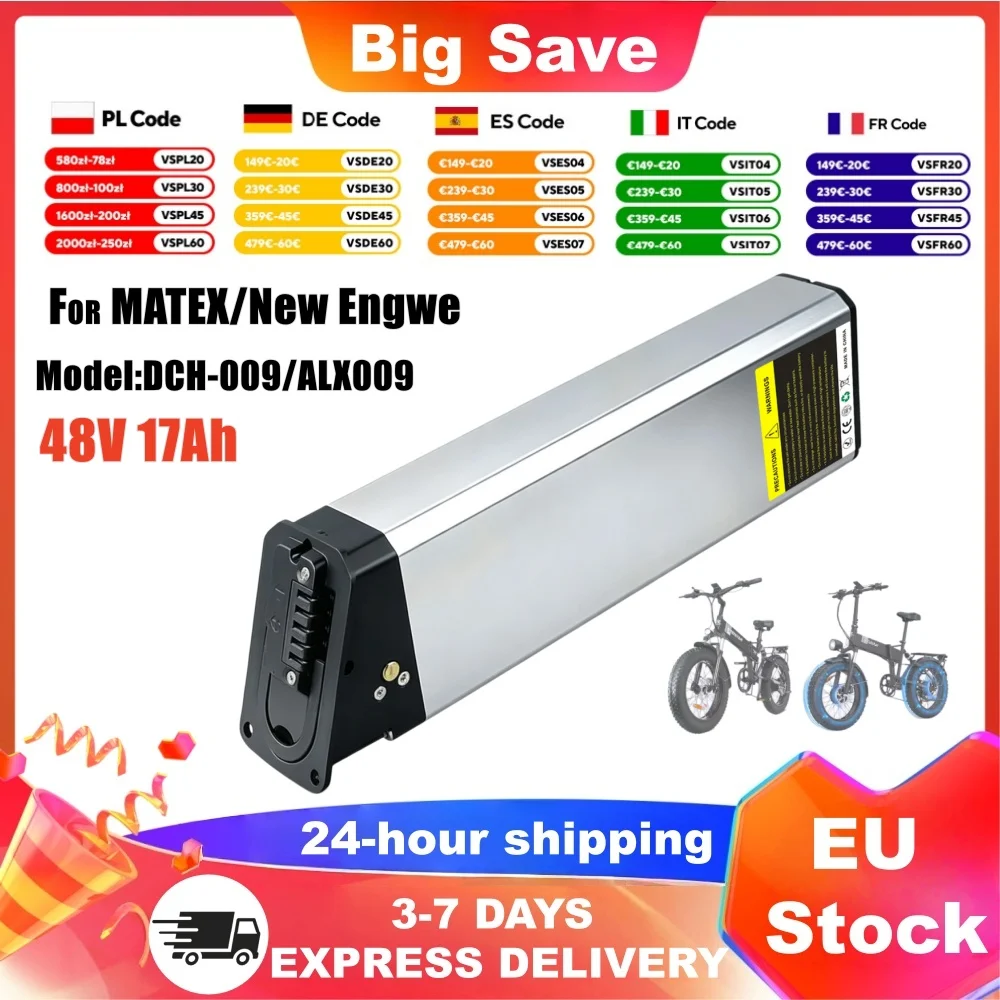 48V 17Ah Ersatzakku für Neues Engwe EP-2 Pro Engine Pro Verbesserte Version für MATE X Fahrrad-Akku DCH-009 mit Ladegerät und BMS
