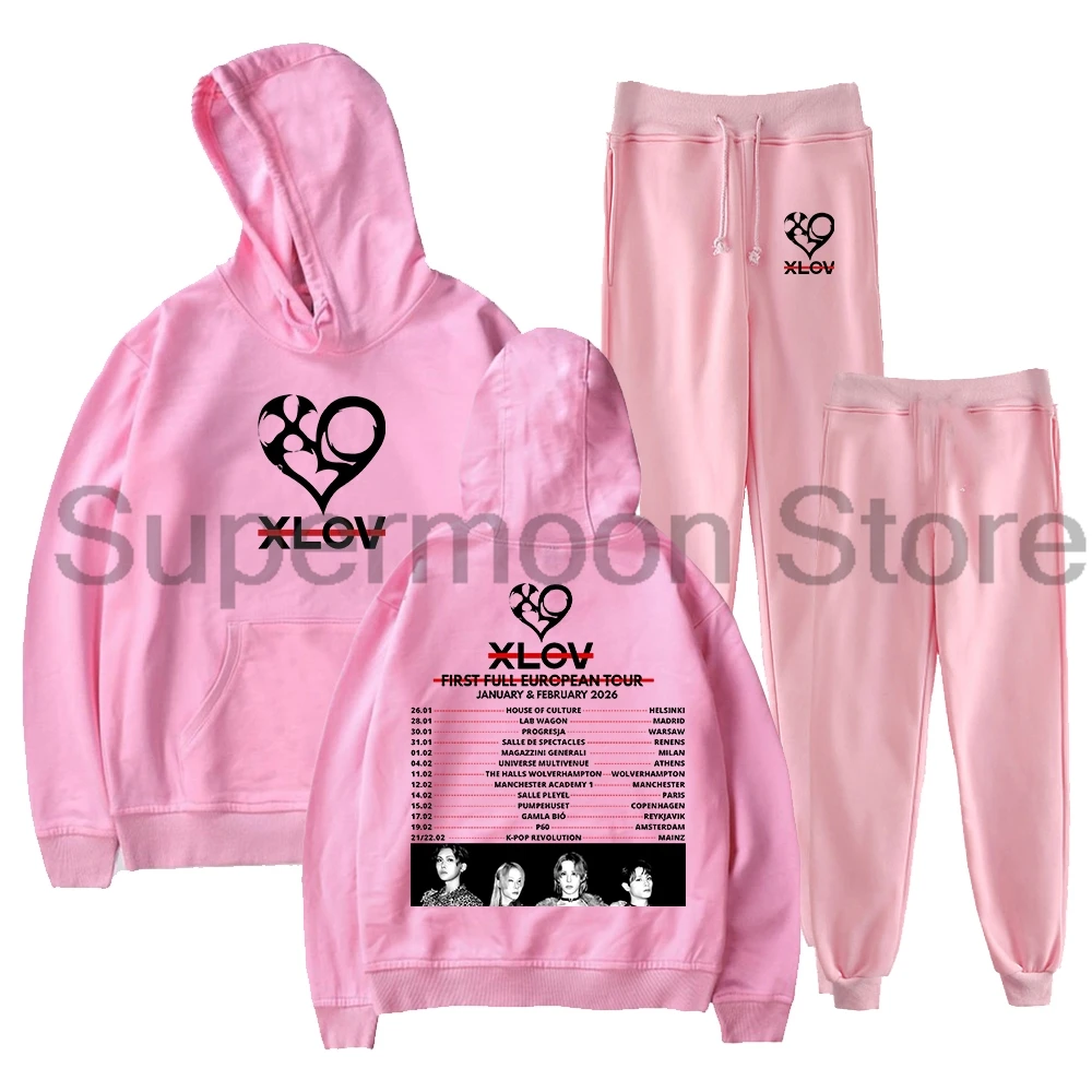 Conjunto de Moletom e Calça Jogger Kpop XLOV Primeiro Tour Europeu Completo 2026 - Blusão e Calça de Moletom Feminino e Masculino