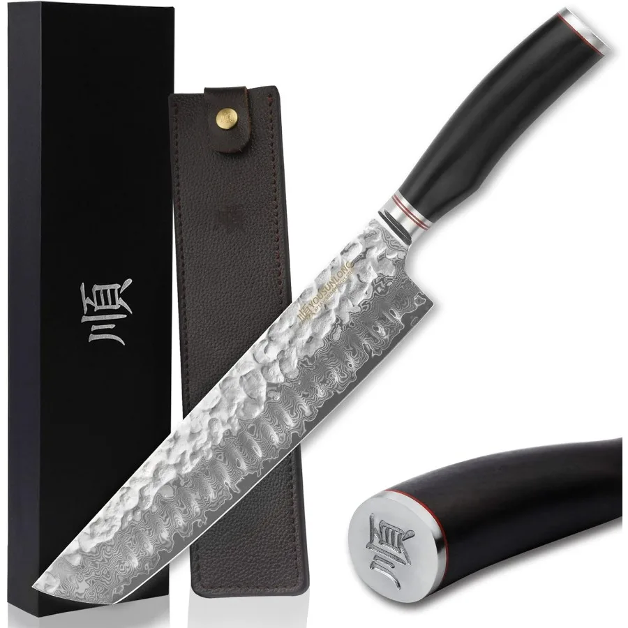 10 Inch Japanese Damascus Steel Chef Knife With Natural Leadwood Handle And Leather Sheath For Kitchen Cooking - Black-image
