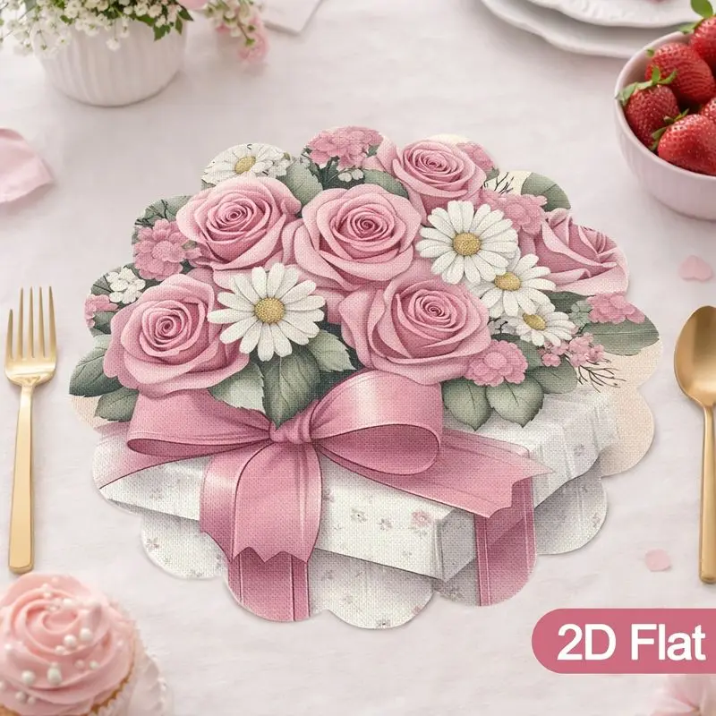 VIKAMA Floral Round Placemat Pink Rose Daisy Bow Gift Round Table Mat Heat Resistant Washable Wedding Mothers Day Dinner Table