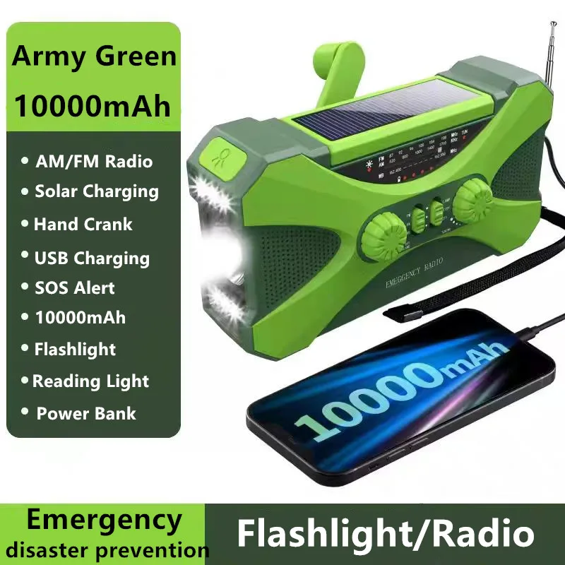 Emergency Radio Portable AM/FM/NOAA Weather Radio 10000mAh USB Hand Crank Solar Radio with Flashlight SOS Alarm Camping Hiking