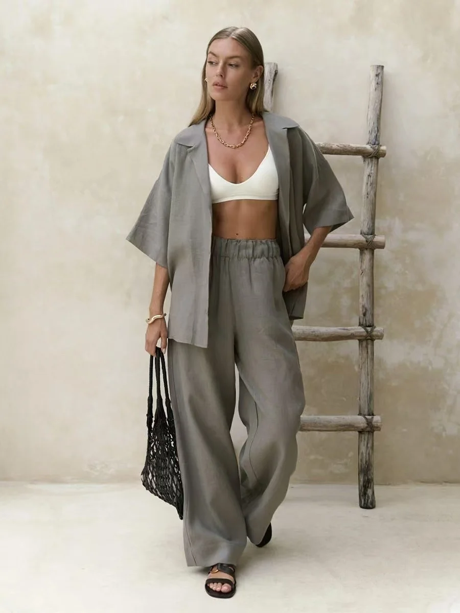 

Повседневный свободный комплект ort Sve irt и брюки, летний хлопковый костюм-двойка, модная женская одежда на пуговицах