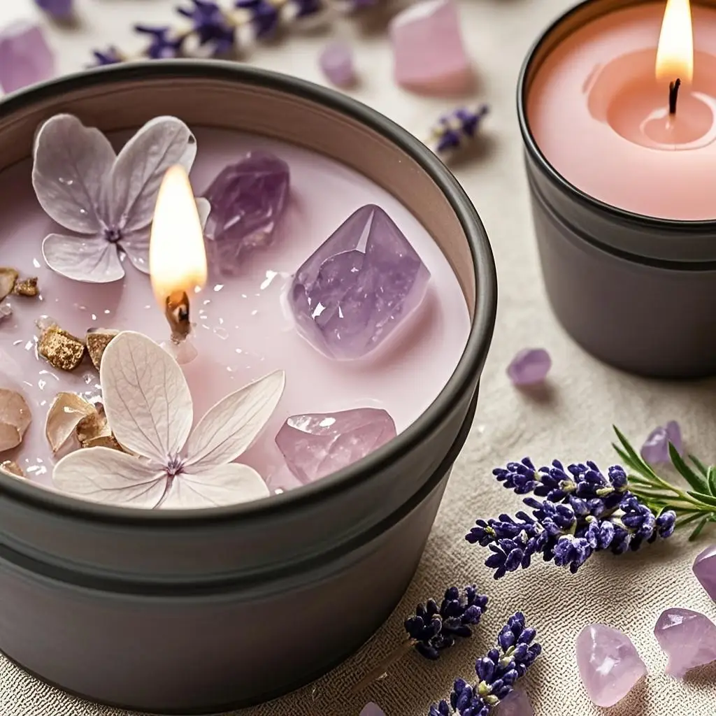 4Pcs Lavender Soy Wax Candles Purple Aesthetic Crystal Petals Decor