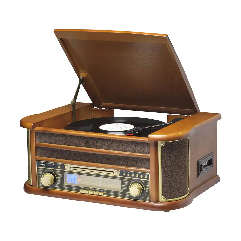 Vinyl Record Player Vintage Turntable Bluetooth-compatible CD&Cassette Player Speaker AM/FM Radio USB Recorder