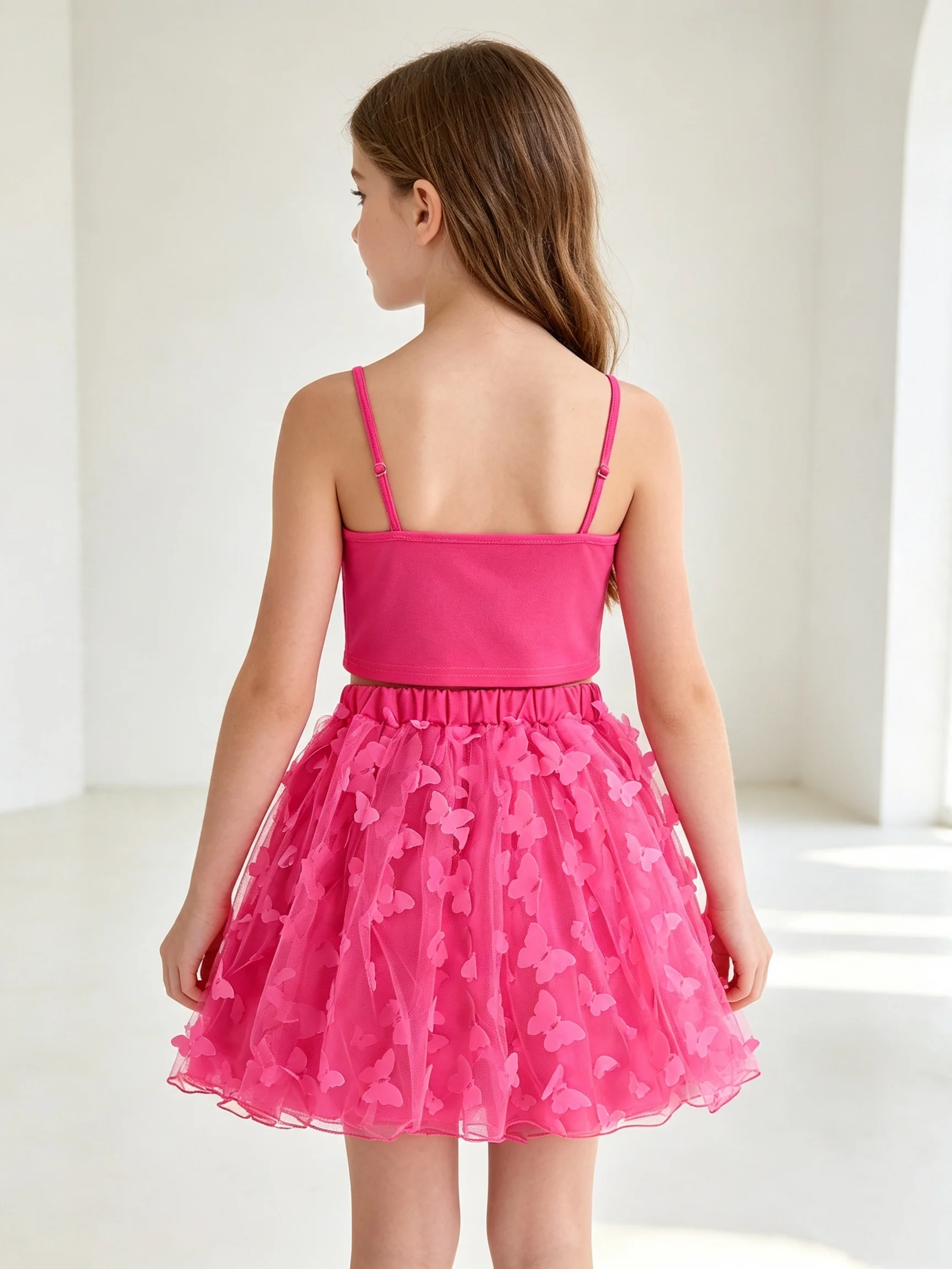 Two Piece Summer Girls' Solid Color Big Bow Suspender Short Top With Three-Dimensional Butterfly Mesh A-Line Skirt Elegant Set