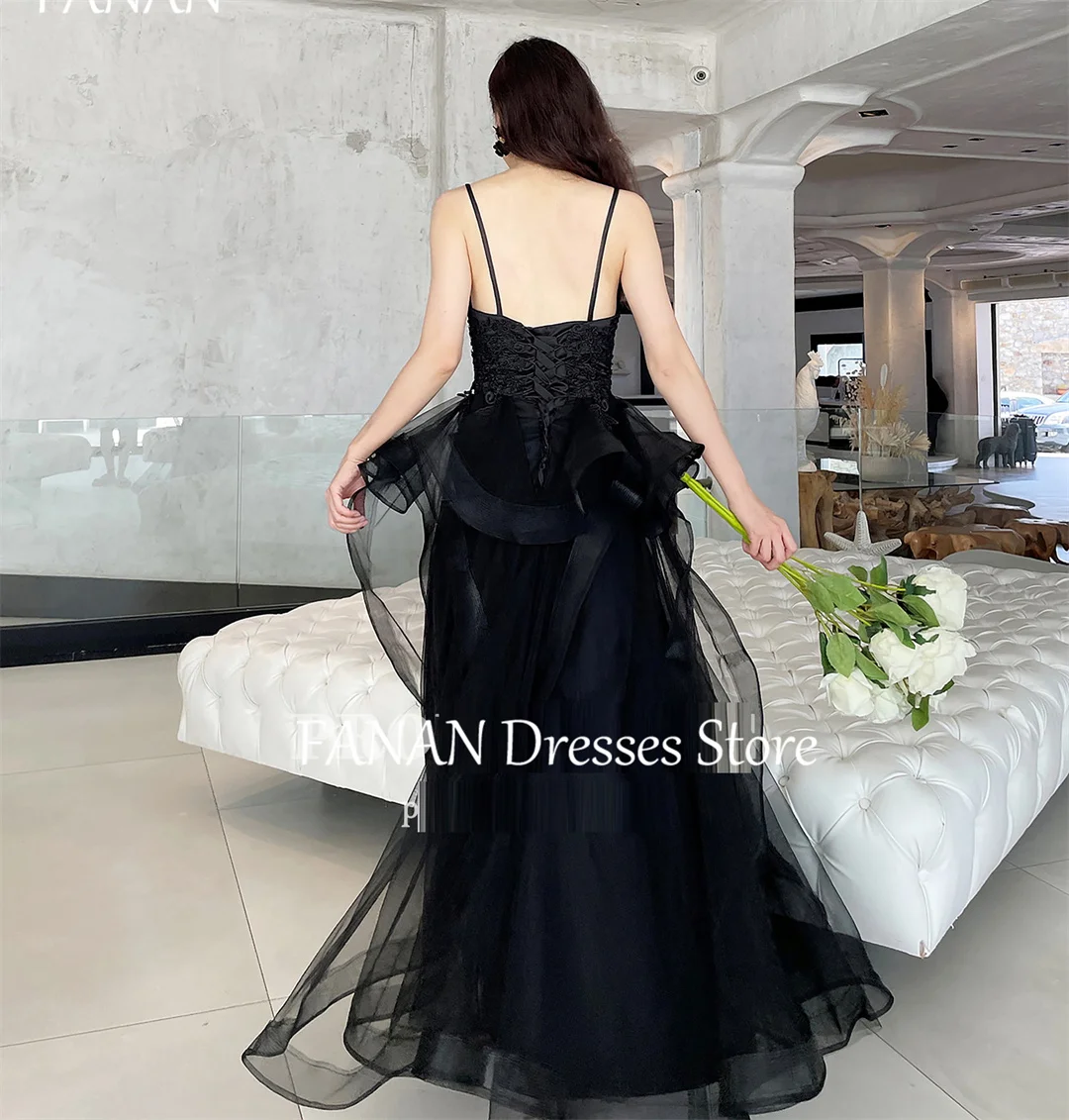 FANAN Black Evening Party Dresses Fashion Tiered Sleeveless Korea Spaghetti Strap Wedding Women Formal Gowns Event Prom Gowns