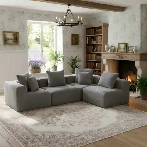 Oversized Modular Deep-Seat Sofa, 3-Piece All-Foam Sectional Couch in Soft Textured Fabric, Tool-Free Assembly, Apartment-Friendly Low Profile, 111
