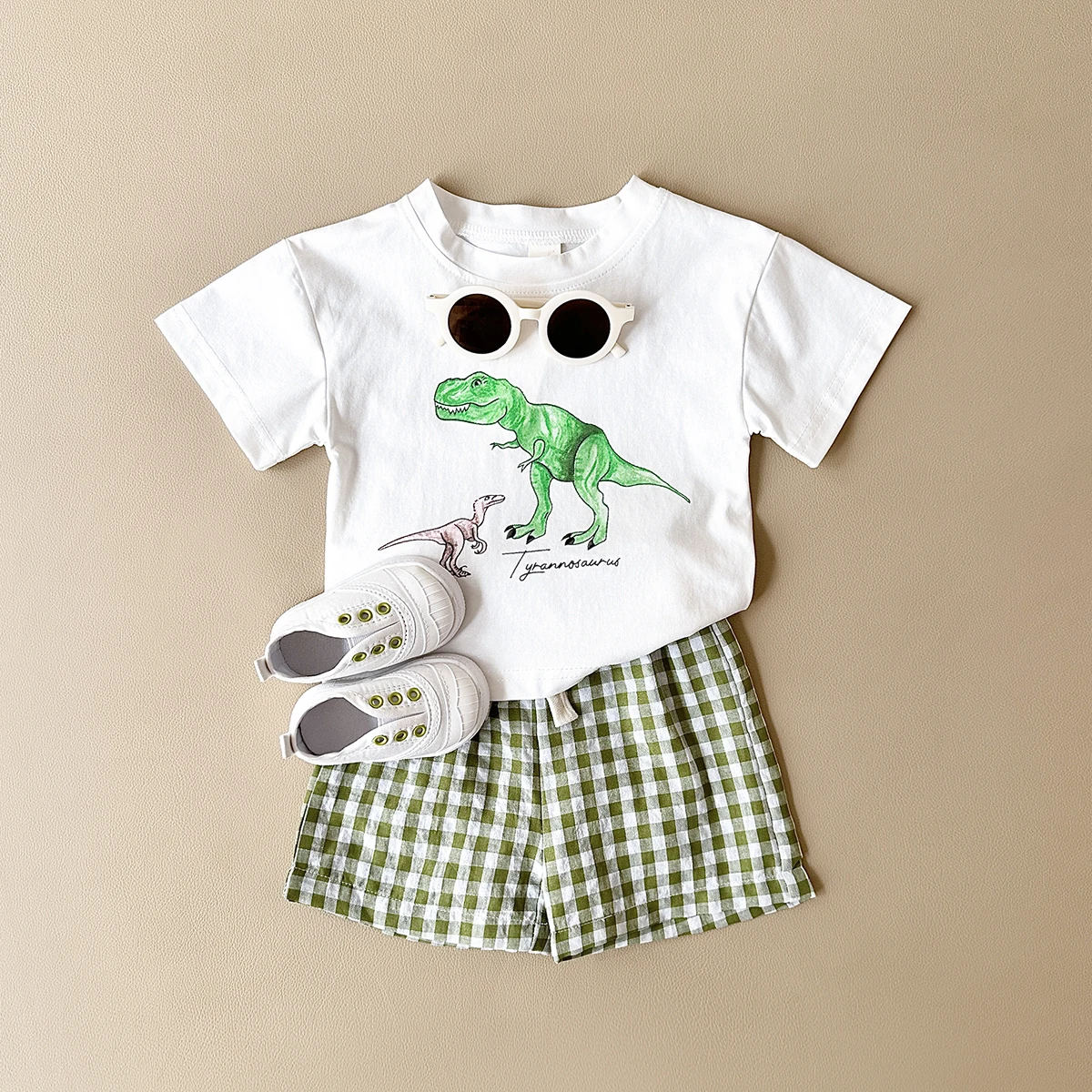 2PCS Newborn Boys Baby Clothing Set Casual Dinosaur Printed Short Sleeved T-shirt+Checkered Shorts Girls Summer Children Set