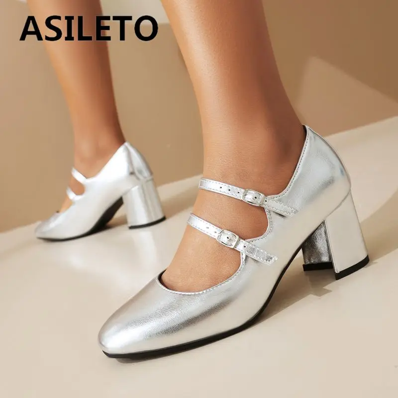 ASILETO Fashion Women Pumps Round Toe Chunky Heels 6.5cm Double Buckle Strap Office Lady Party Shoes Concise Plus Size 49 50