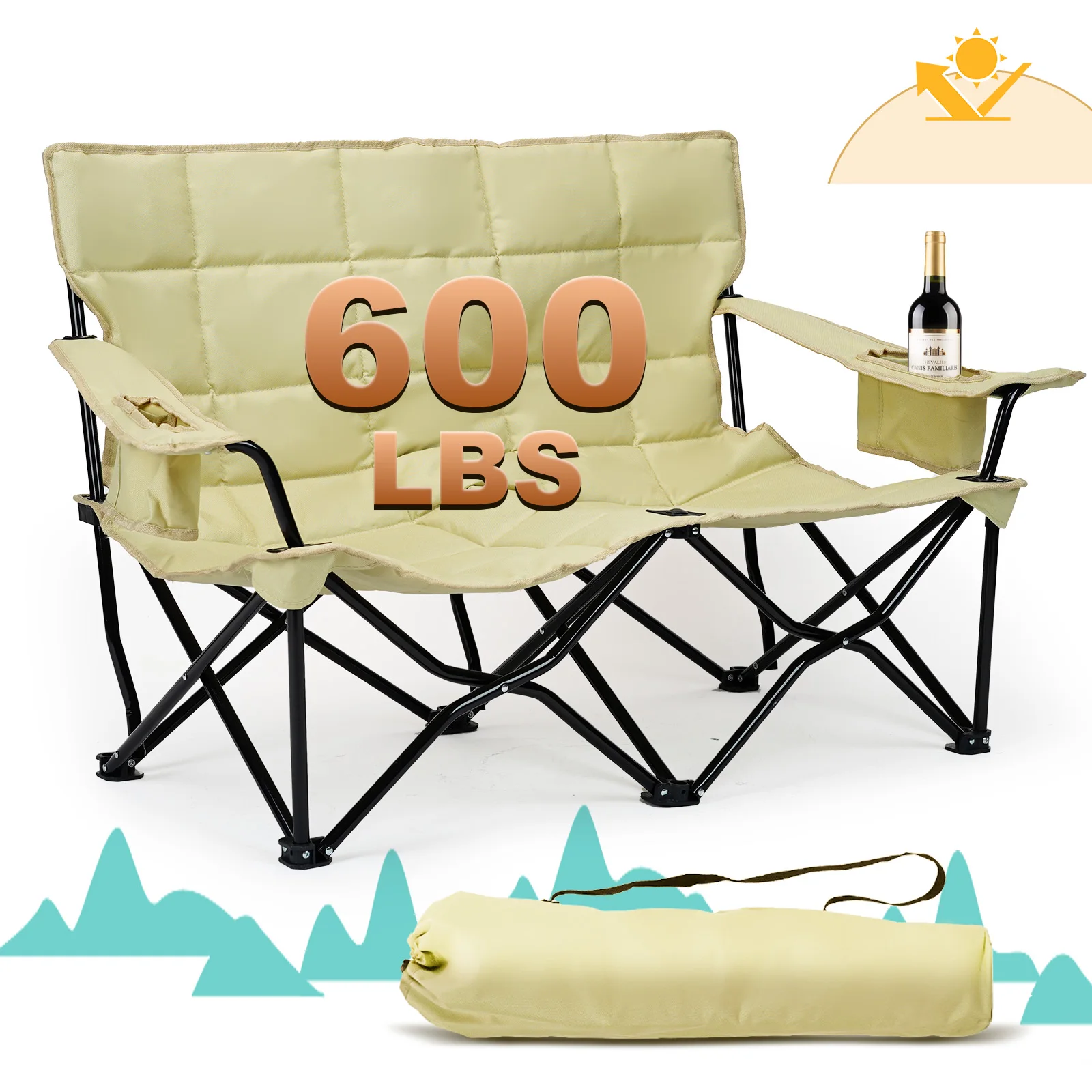 

khaki Double Camping Chair Outdoor Leisure Folding Ergonomic Design Comfortable Durable Practical Beautiful Camping Equipment