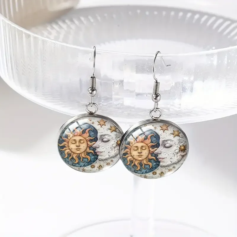 Boho Moon And Sun Earrings Stainless Steel Glass Celestial & Horoscope Dangle Earrings For Women