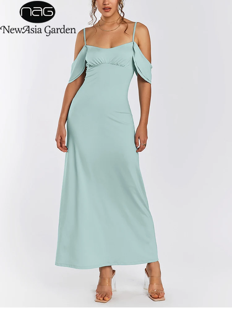 NewAsia Women's Adjustable Straps Backless Long Dress Off the Shoulder Ruched Fashion Party Maxi Dresses Mint New Arrival