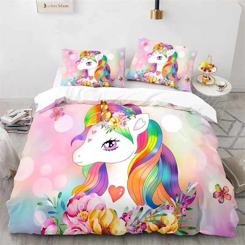 

Cartoon Unicorn Floral Rainbow Girl's Eyelash Bedding Set Boys Girls Twin Queen Size Duvet Cover Pillowcase Bed Kids Adult