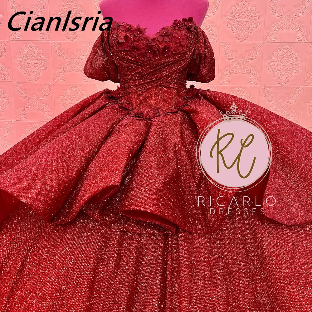 Vestido De baile plisado De cristal con purpurina roja para quinceañera, hombros descubiertos, flores 3D, corsé con volantes, 15 Años