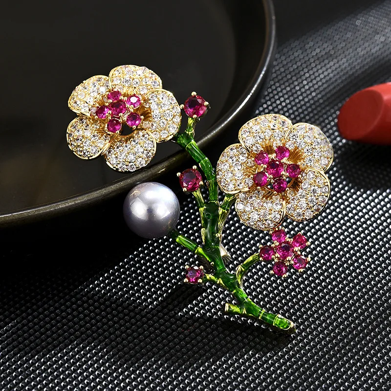Chinese Style Auspicious Natural Pearl Plum Blossom Brooch Luxury Colorful Zircon Elegant Lucky Pin For Coat Cardigan Party Gift
