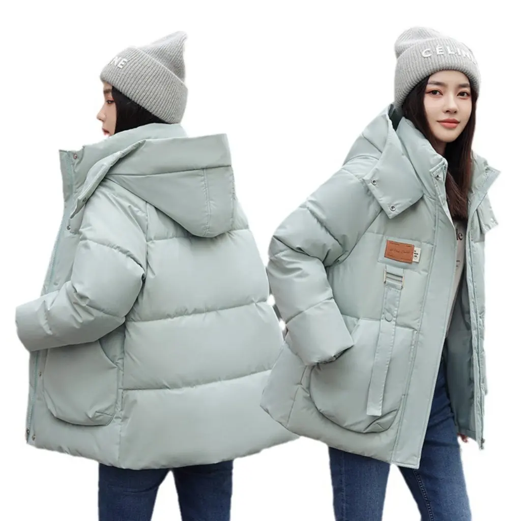

Korean Style Women's Loose Hooded Cotton Jacket British Style Patch Slimming Look Bread Outwear with Stereo Flap Pocket