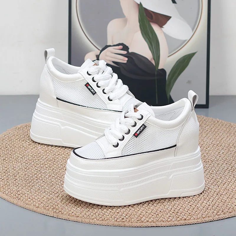 Women's Fashion 12CM Thick Sole Platform Mesh Breathable Sneakers with Hidden Height Increase for Petite -Sports Leisure Shoes