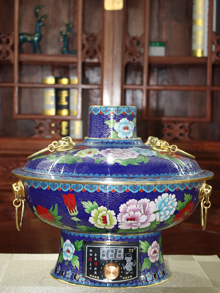 Cloisonne electric carbon dual-purpose enamel retro traditional Chinese old-fashioned pure copper household hot pot.