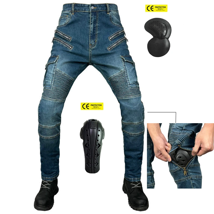 

2024 NEW Motorcycle Men Four Seasons Blue Jeans CE Certification Protective Armor Upgrade Extension Motocross Zipper Trousers