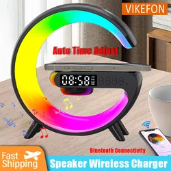 15W Wireless Charger Stand RGB Night Light Bluetooth Speaker Handsfree Call Alarm TF Fast Charging Station for iPhone 16 Samsung