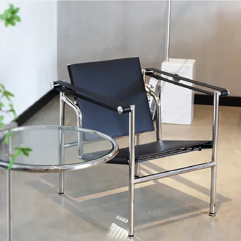 Lounge Leisure PU Leather Cow Leather Stainless Steel Frame Chair For Living Room Corbusier Metal Sillones Furniture