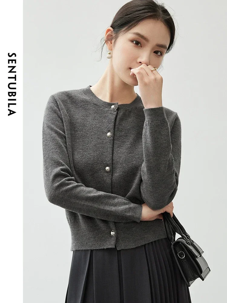 SENTUBILA Casual Loose Cardigan Women 2024 Autumn Solid Single Breasted Long Sleeve Round Neck Simple Basic Tops W43E56755