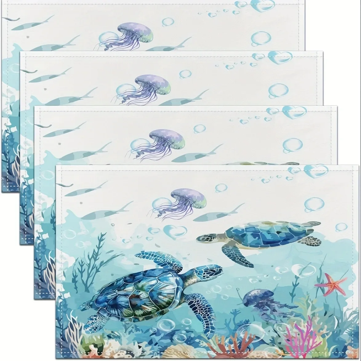 4pcs, Linen 30X40cm Sea Turtle Placemats Set of 4 Reptile Tortoise Placemat for Kitchen Dining Table Ocean Marine Table Place