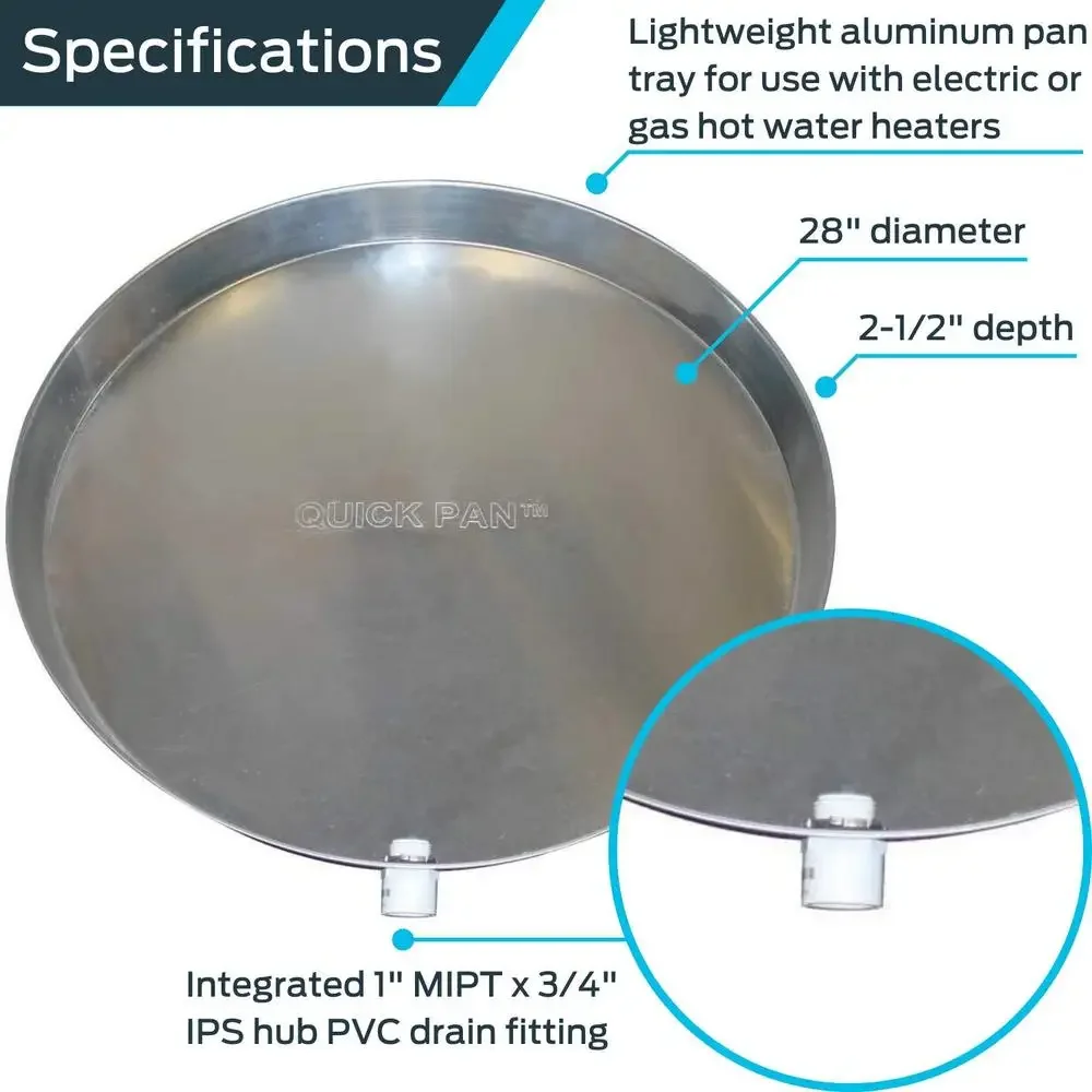 Aluminium Water Heater Pan Tray 28 Inch PVC Drain Fitting Sturdy Circular Design Overflow Prevention