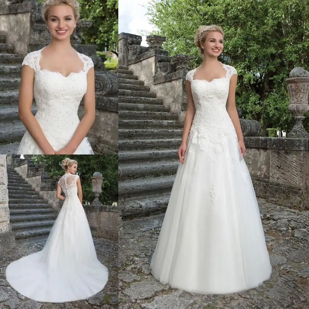 Elegante Hochzeit Kleider 2021 Cap Sleeve Royal Square Neck Robe De Mariée Braut Kleid Vestido de Noiva Perlen Appliques Tüll neue