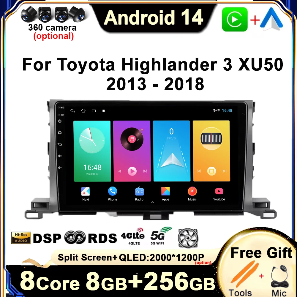 

Android 14 Car Multimedia Audio PlayerCarplay for Toyota Highlander 3 XU50 2013 2014 2015 2016-2018 GPS Navigation Head Unit 4G