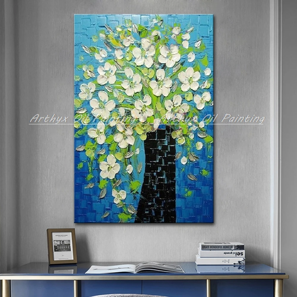 Arthyx Handpainted Thick Texture White Orchid Flower Oil Painting On Canvas,Modern Abstract Wall Art,Picture For Room,Home Decor