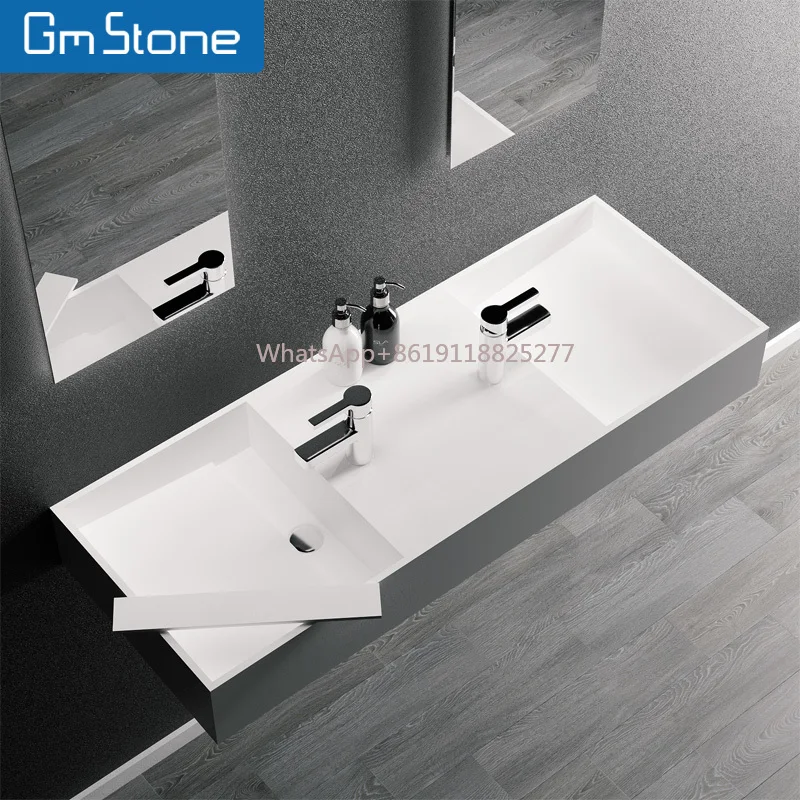 

Luxury Modern Rectangular Acrylic Basin New Solid Surface Wall Hung Artificial Stone for Bathroom Sanitary Hotel Use