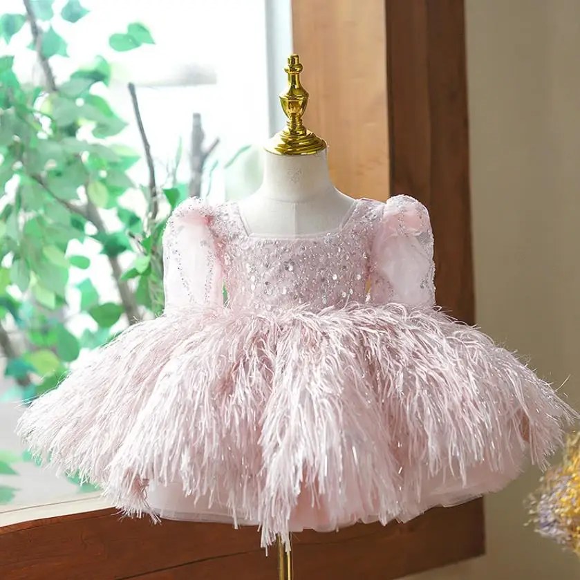 New Children\'s Princess Evening Gown Sequin Feather Stitching Design Wedding Birthday Baptism Eid Party Girls Pink Dresses A3331