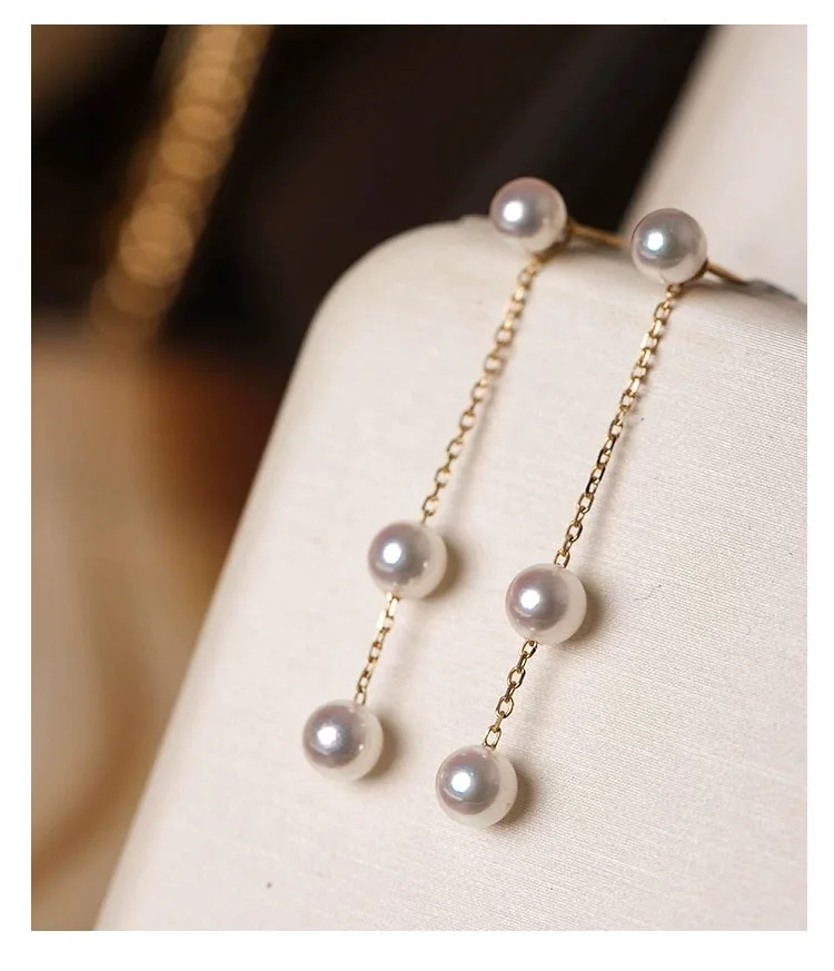 

Gold earrings Natural Freshwater pearl earrings 18K yellow Gold Long Drop AU750 Fine Jewelry Women's jewelry E712