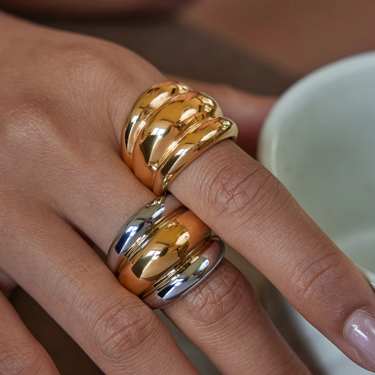 

AIKOER Statement 18K Gold Color Plated Stainless Steel Waterproof Two tone Chubby Three layer Raised Ribbed Ring Women's Jewelry