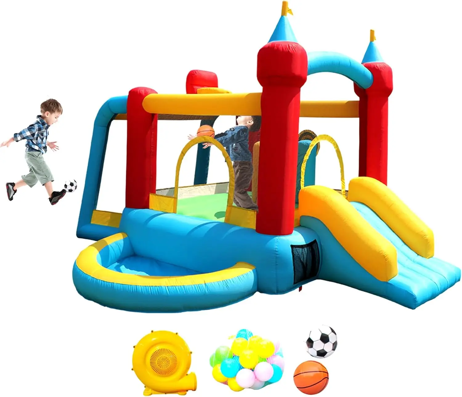 Inflatable Bounce House With Slide, Jumping Castle With Blower And Wave Pool, Basketball Rim, Football Goal