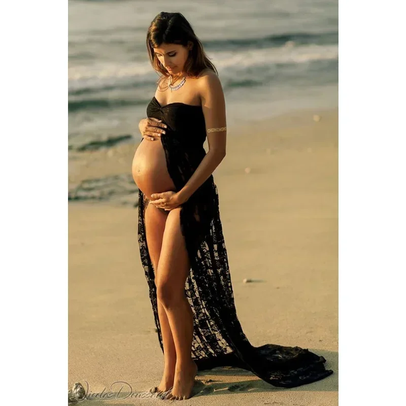 출산 사진 레이스 민소매 어깨없는 Midriff-baring 분할 전체 길이 드레스 여성 임신 의류