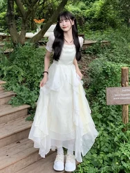 High Quality Hot Selling French Bubble Sleeve White Dress Women's High-end Temperament Waist Cinching Slimming Fairy Long Dress
