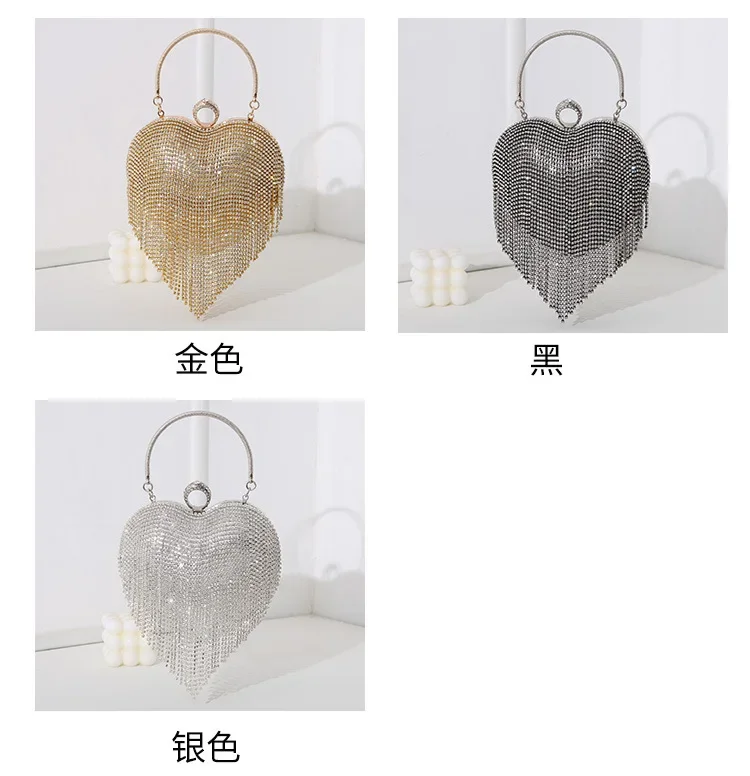 Damen-Handtasche mit silbernem Strass-Herzmuster, Diamant-Quaste, Bankett-Clutch, Hochzeits-Braut-Abendtasche – Detail 2