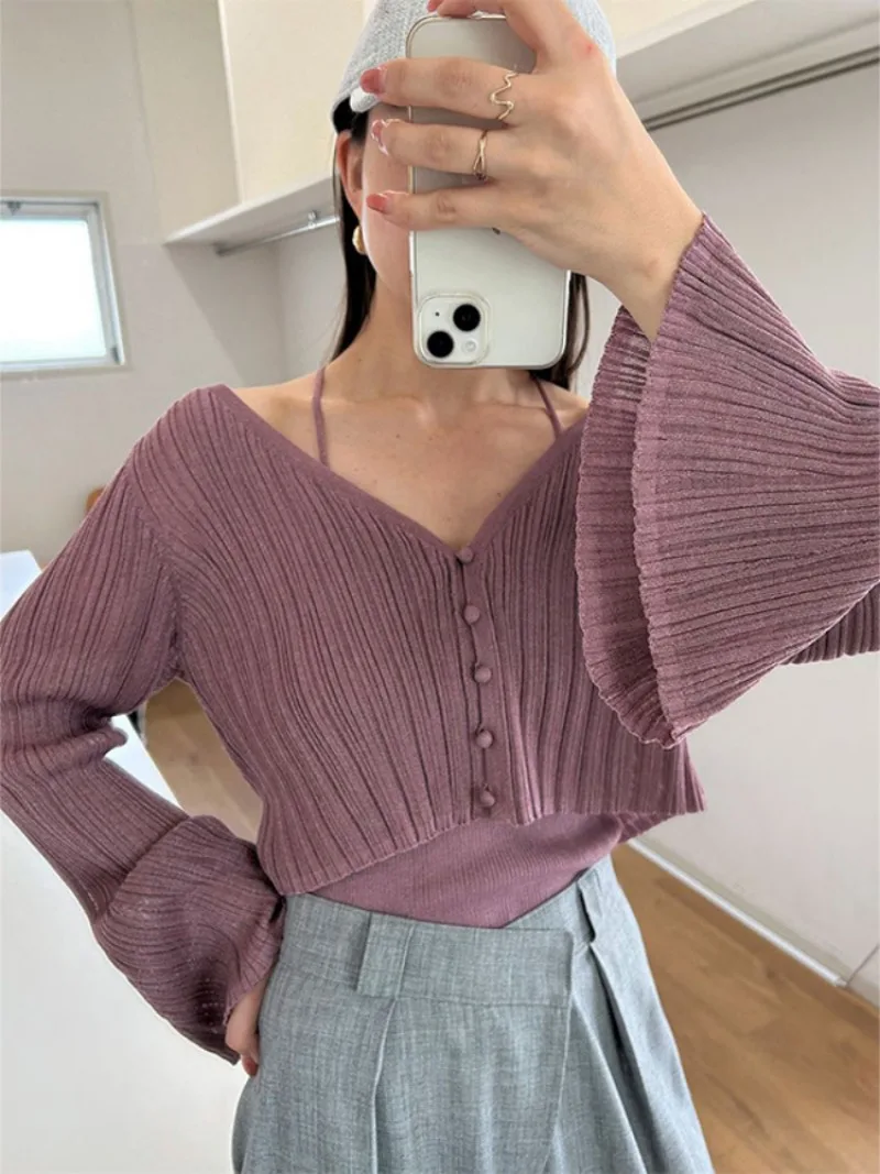 Fall Women Suit V-neck Single Breasted Flare Long Sleeve Sweater + Bottomed Camis Japanese Elegant 2 Piece Sets Women Outfit